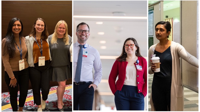 Collage of three photos. Left to right: a group of three people standing at a conference; two urogynecology faculty walking down a hall; a person stands in front of an academic poster, gesturing.